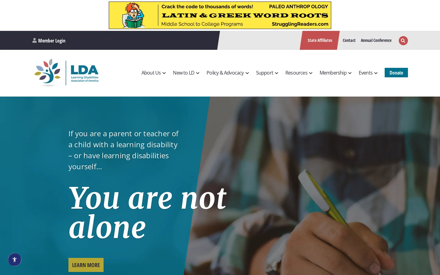 Learning Disabilities Association of America – Support. Educate. Advocate. Homepage screenshot
