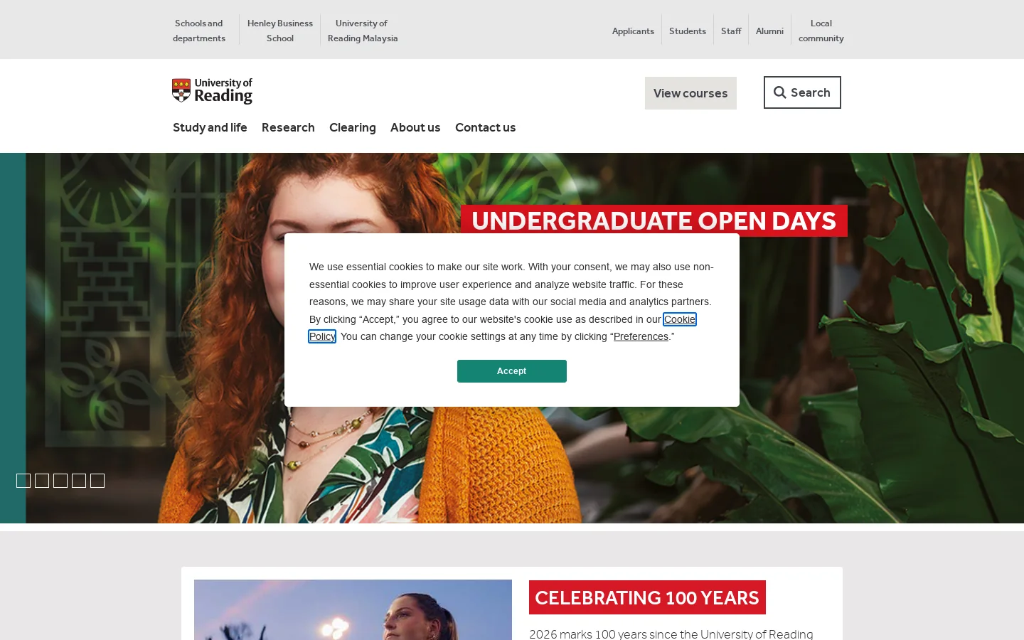 University of Reading Homepage screenshot