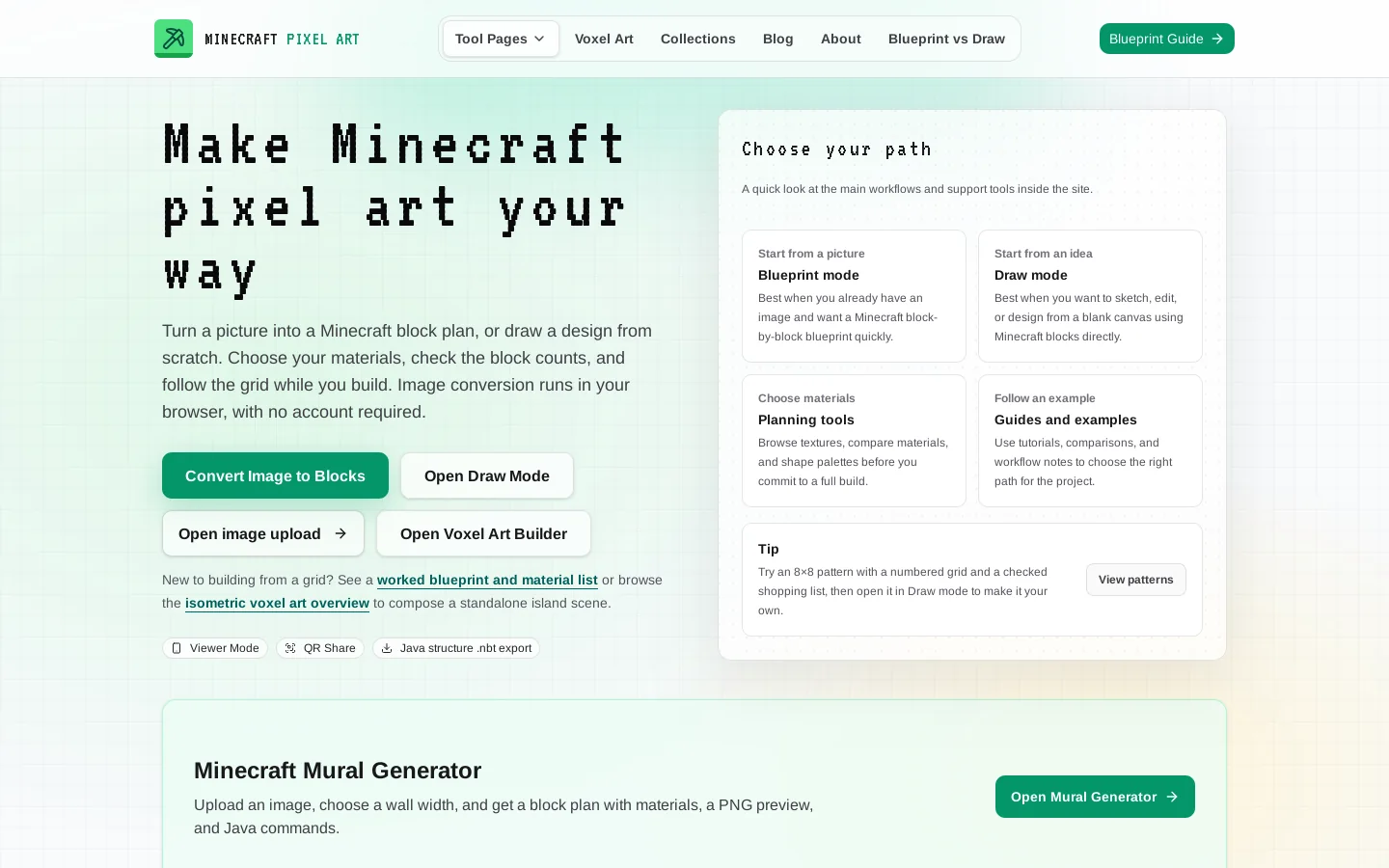 Minecraft Pixel Art Workflows, Tools, and Build Guides Homepage screenshot