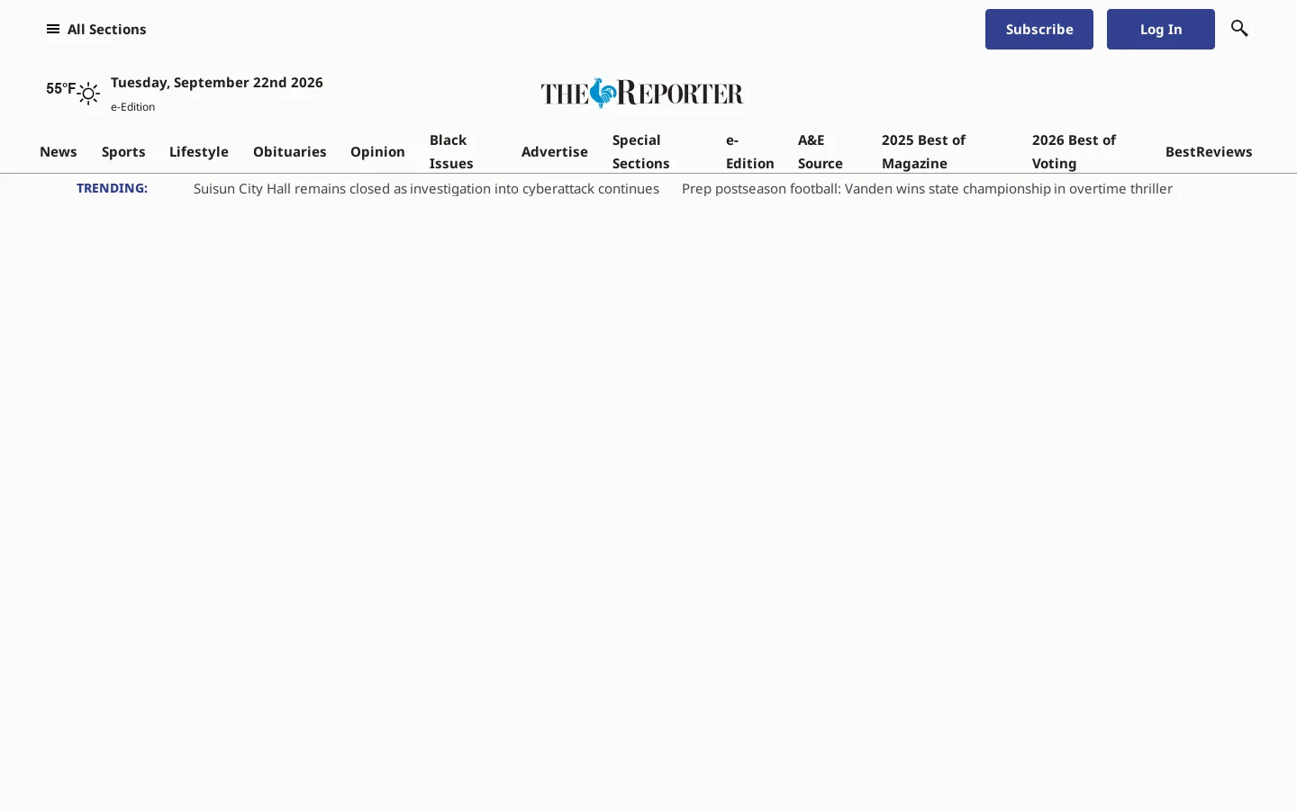 Thereporter.com covers local news in Vacaville, California. Keep up with all business, local sports, outdoors, local columnists and more Homepage screenshot