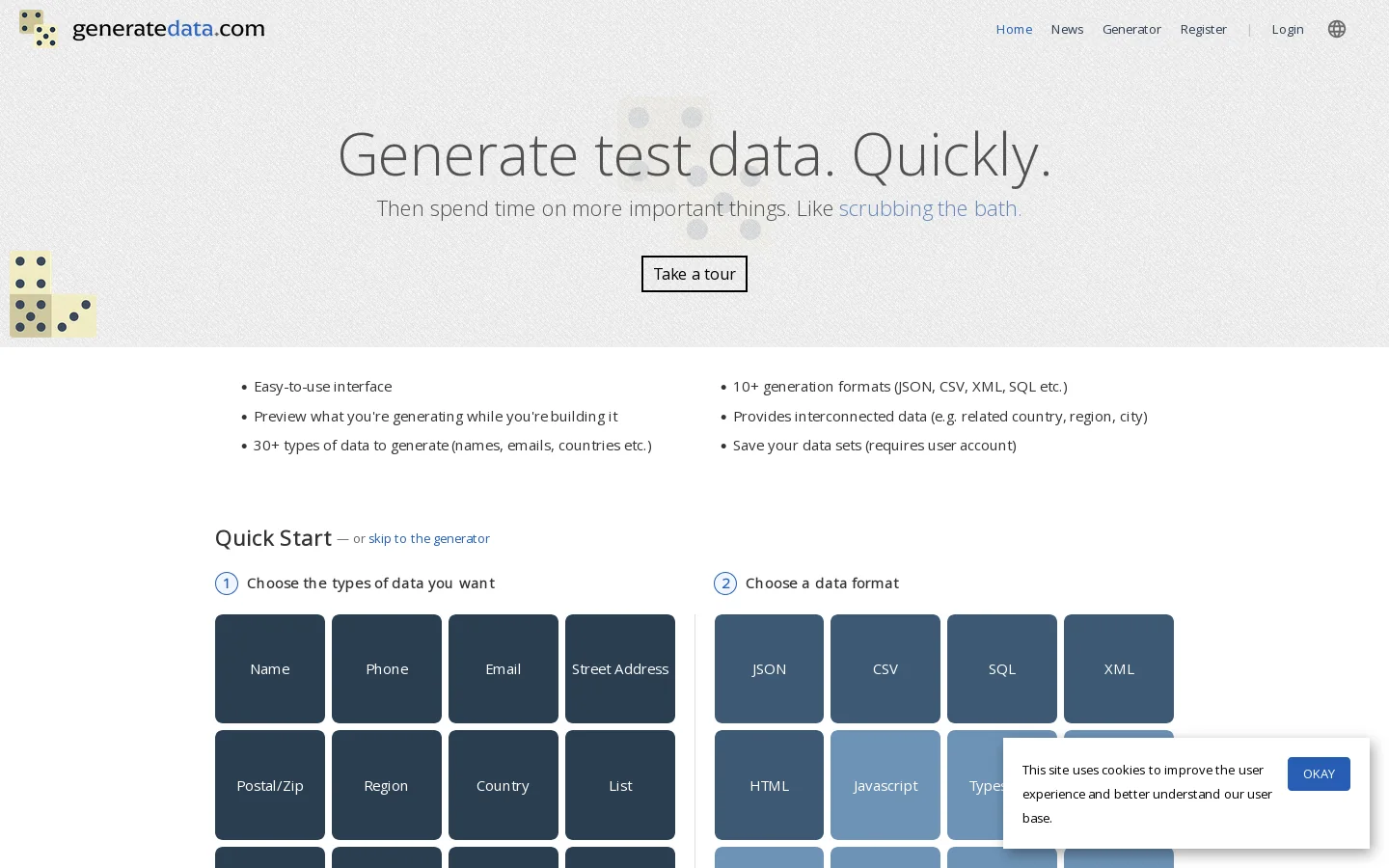 generatedata.com Homepage screenshot