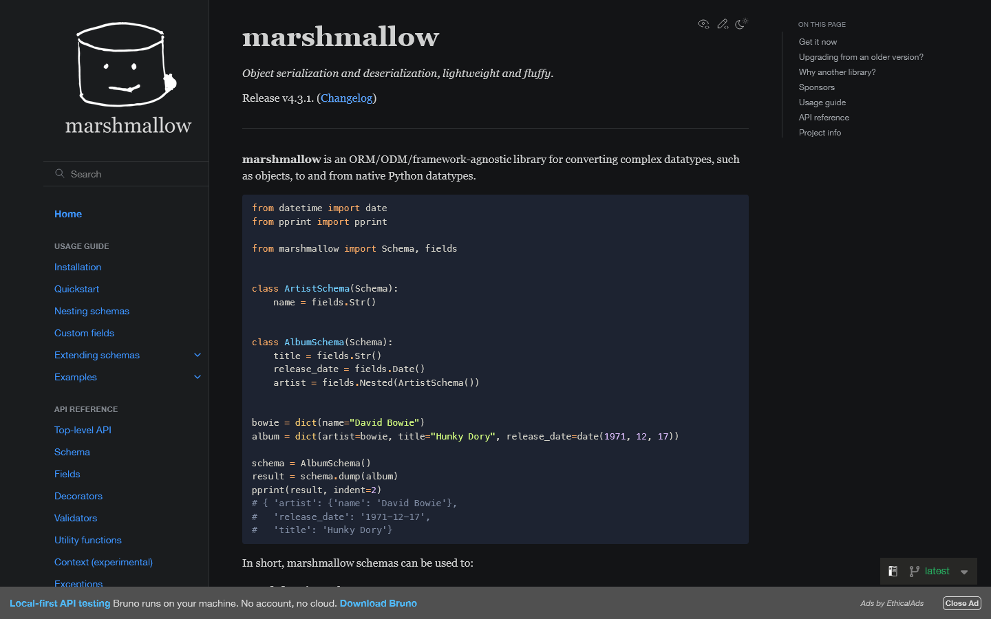 marshmallow 4.3.1 documentation Homepage screenshot