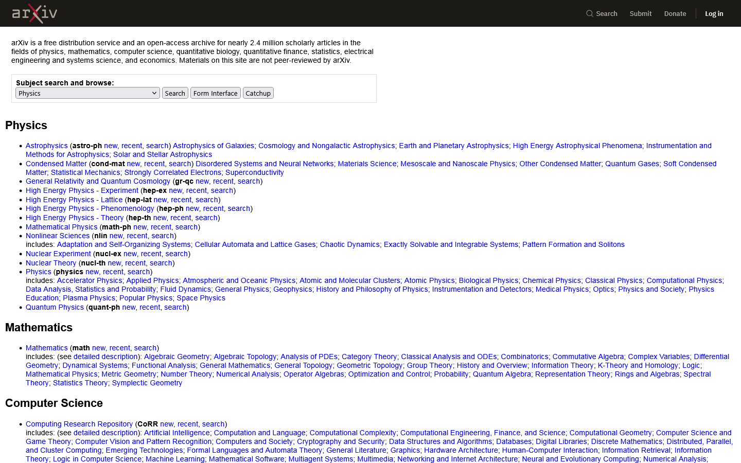 arXiv.org e-Print archive Homepage screenshot