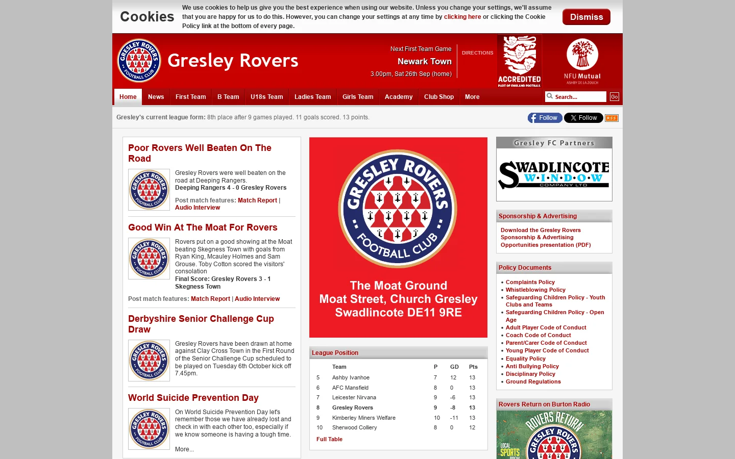 Gresley Rovers Online Homepage screenshot