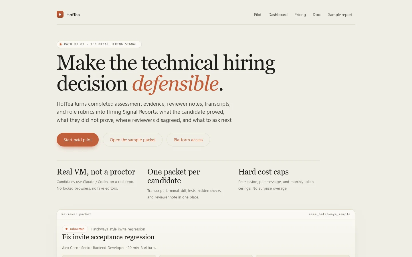 HotTea — AI fluency evidence for AI-era technical interviews Homepage screenshot