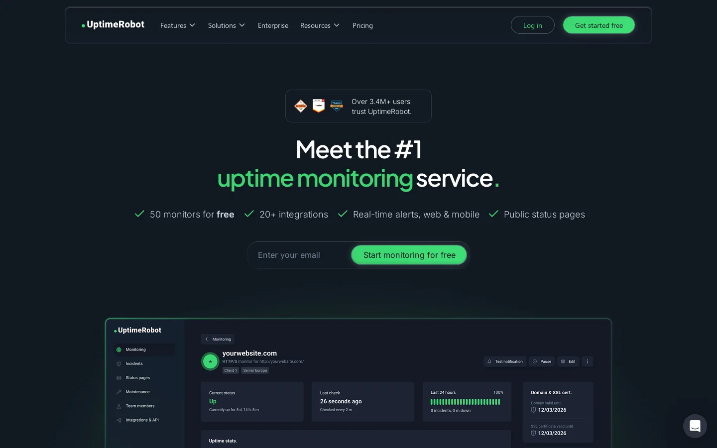 UptimeRobot Homepage screenshot