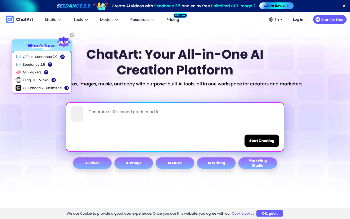 ChatArt: AI Creation Platform for Creators & Marketers Homepage screenshot