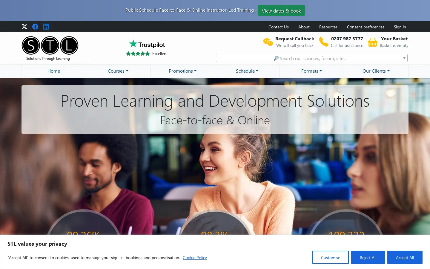 Management training, Soft skills, Power BI, Excel Learning solutions Homepage screenshot