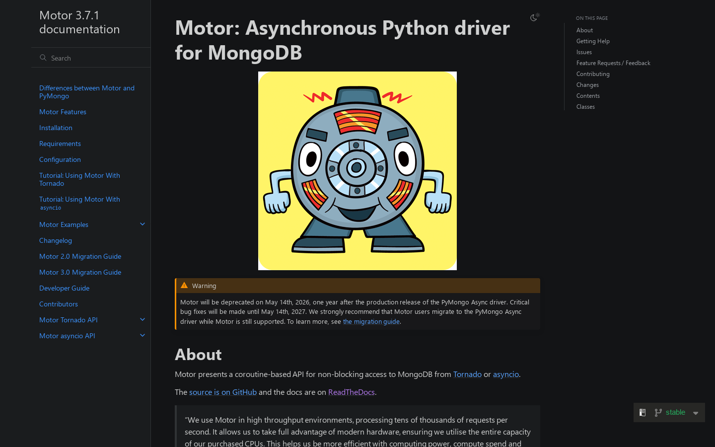 Motor 3.7.1 documentation Homepage screenshot