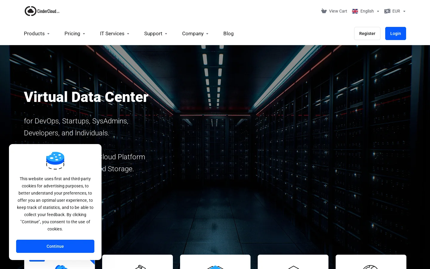CinderCloud Homepage screenshot