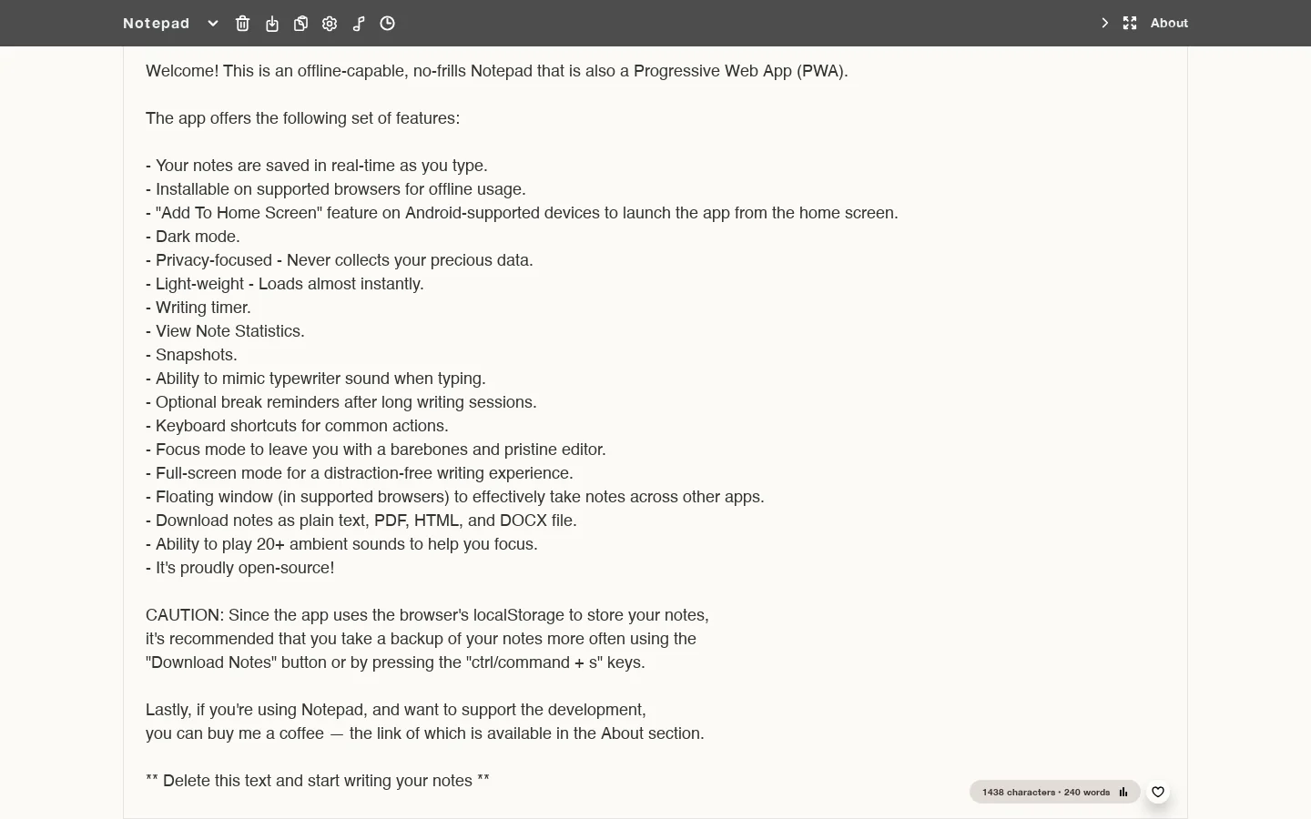 Notepad Homepage screenshot