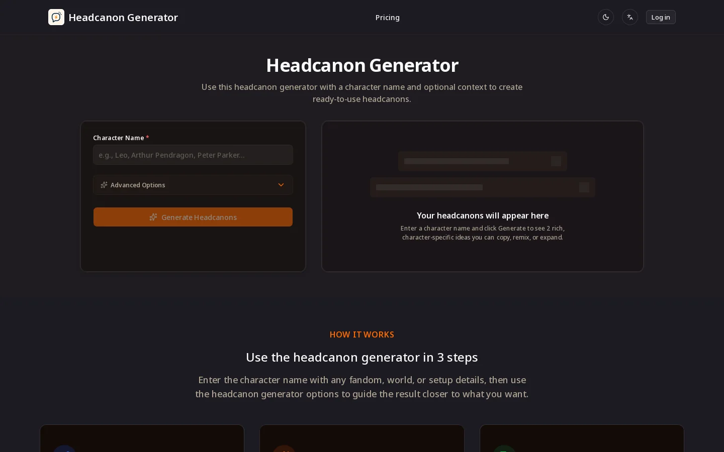 Headcanon Generator for Fandom Writing Ideas Homepage screenshot