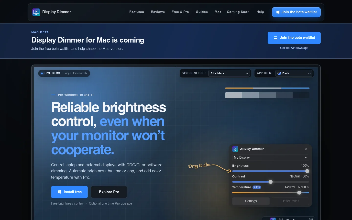 Display Dimmer Homepage screenshot