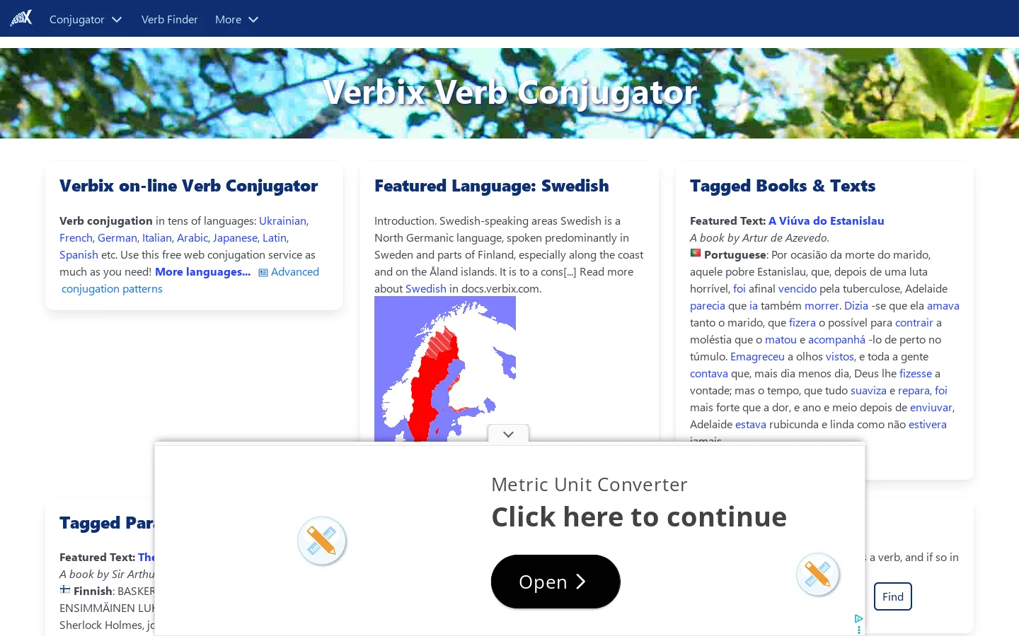Verbix verb conjugator Homepage screenshot