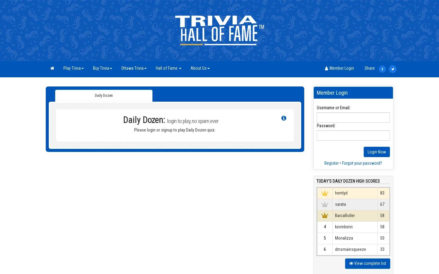 Trivia Hall of Fame Homepage screenshot
