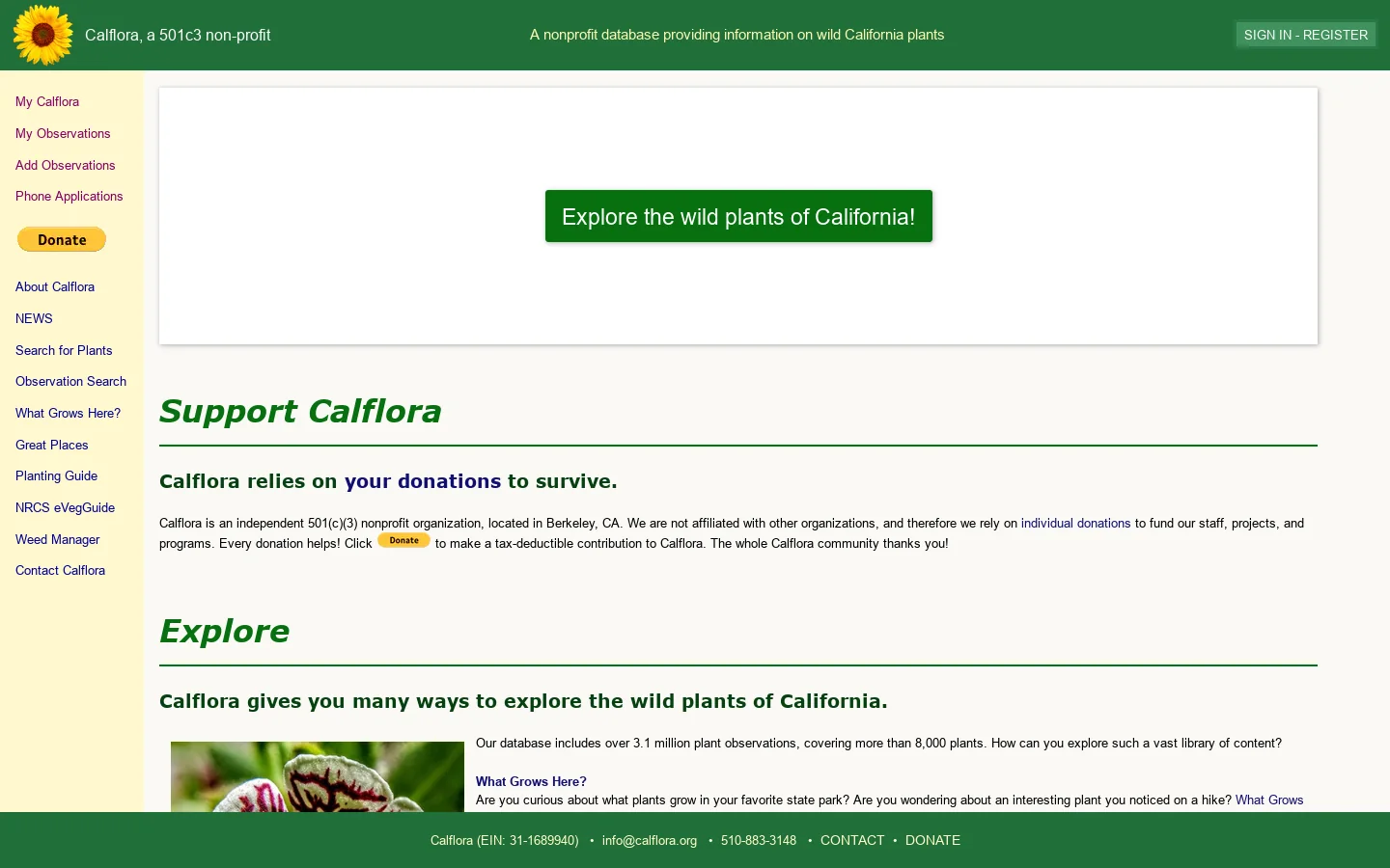 Calflora Homepage screenshot