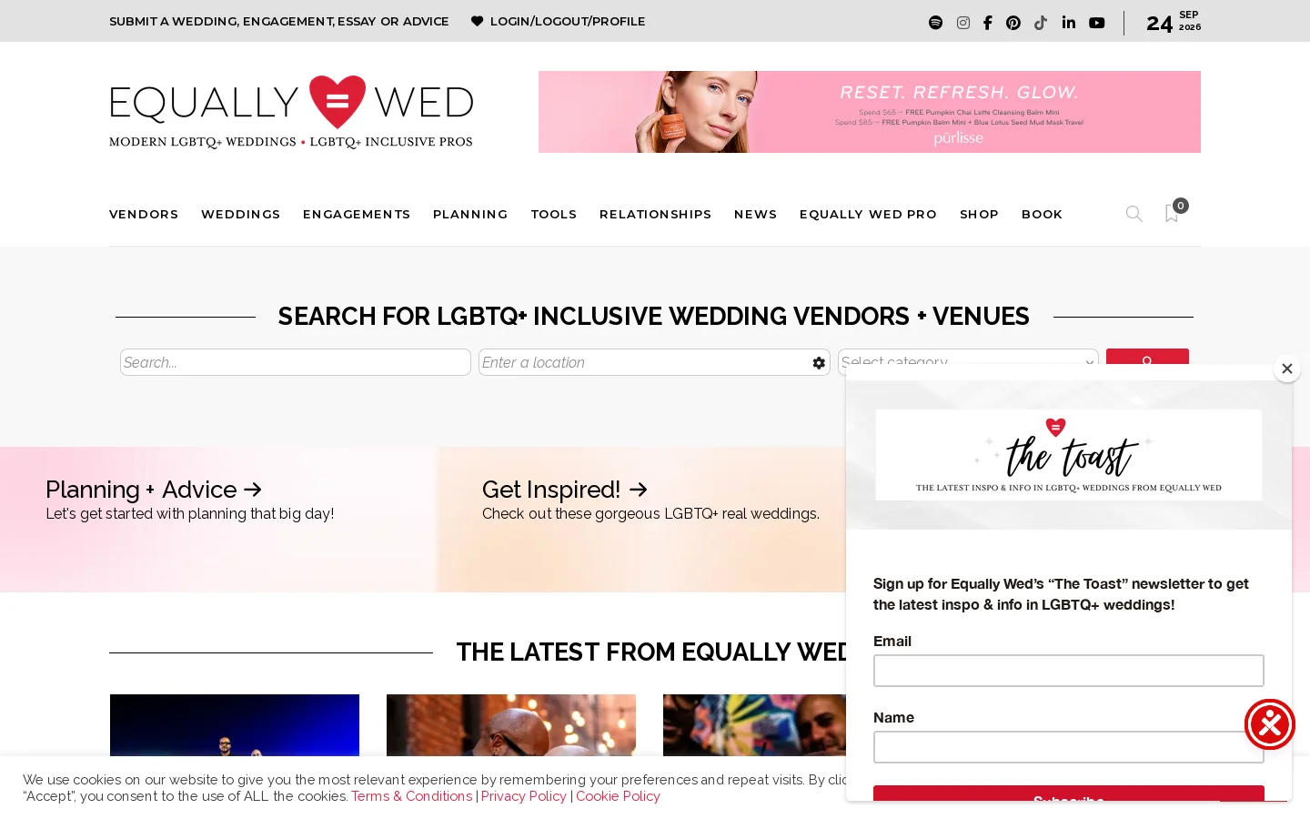 Equally Wed, LGBTQ+ wedding magazine, book, resource Homepage screenshot