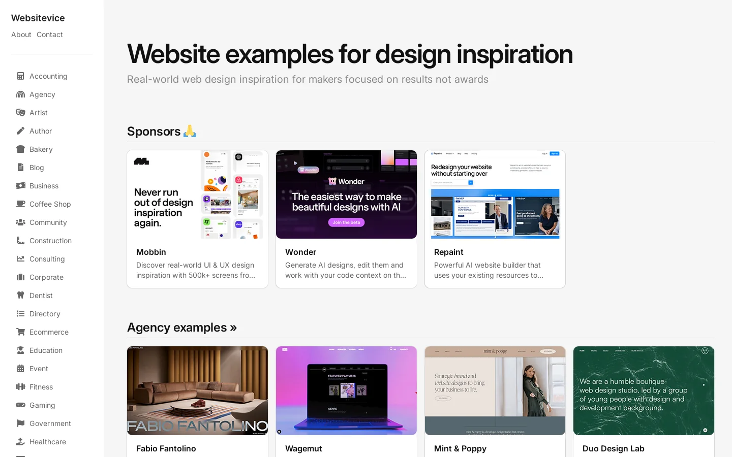 Website Examples for Design Inspiration on Websitevice Homepage screenshot