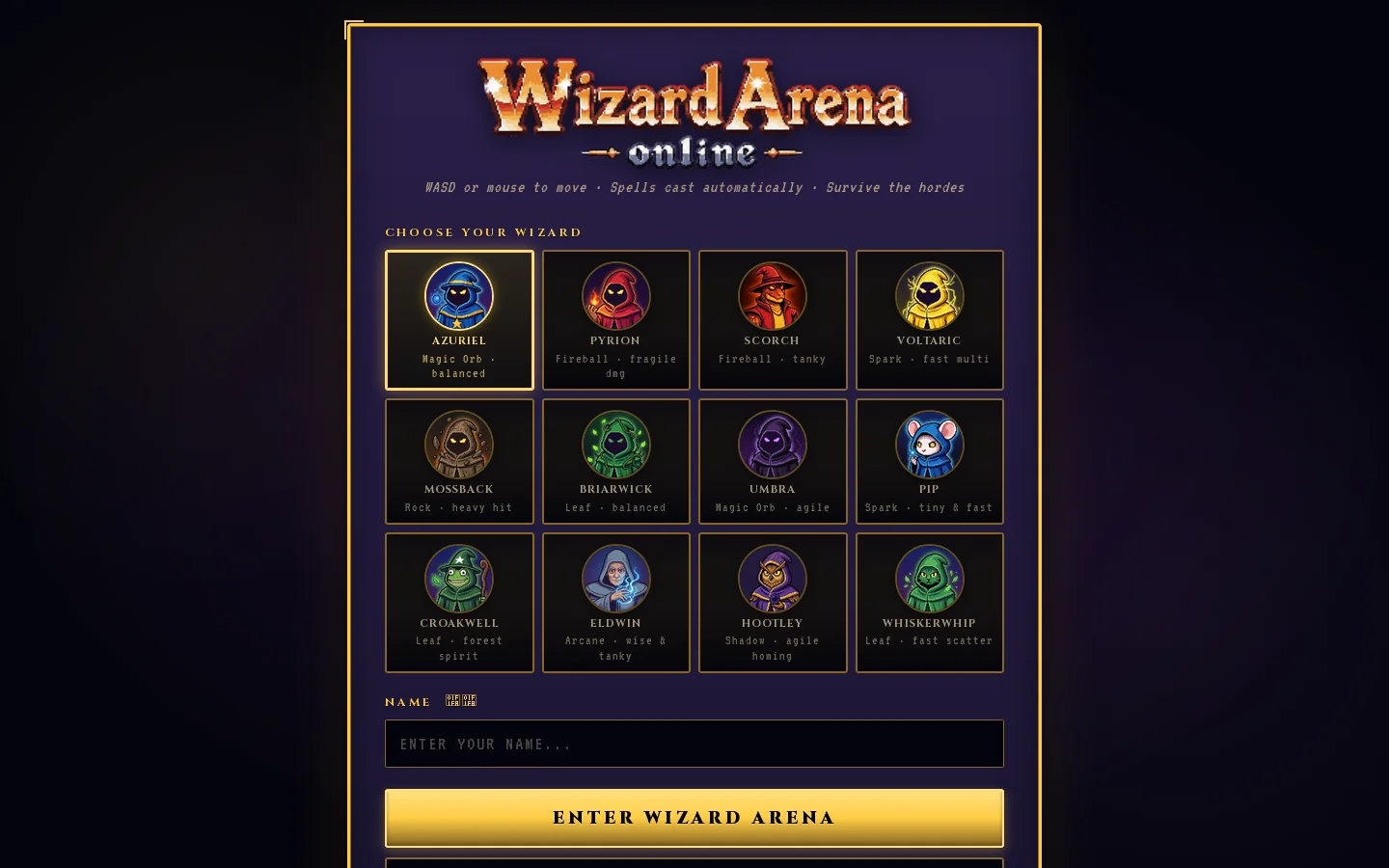 Wizard Arena Online Homepage screenshot