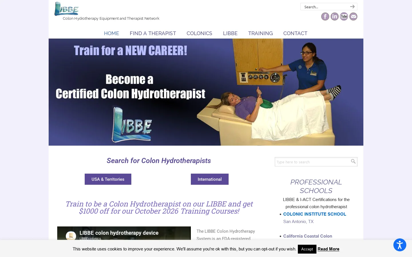 The Colonic Network – LIBBE – Colon Hydrotherapy School – Colon Hydrotherapy Equipment and Therapist Network Homepage screenshot