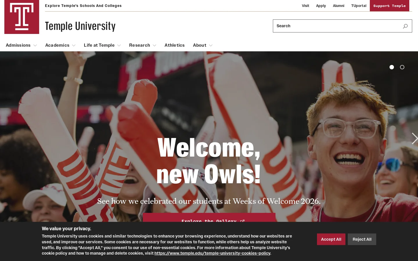 Temple University Homepage screenshot
