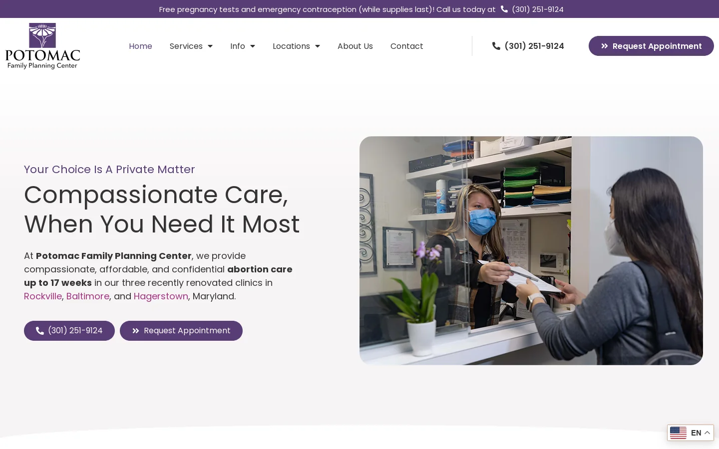 Potomac Family Planning Maryland Homepage screenshot