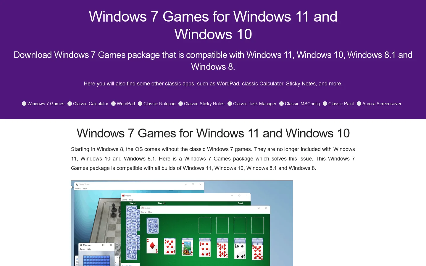 Windows 7 Games for Windows 11, Windows 10, Windows 8.1, and Windows 8. Homepage screenshot