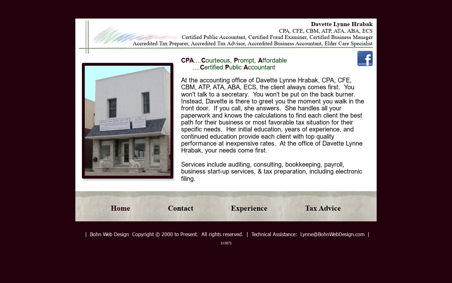 Davette Lynne Hrabak, CPA, CFE, CBM, ATP, ATA, ABA, ECS -- Phillips, Wisconsin Accountant / Tax Return Preparation Homepage screenshot