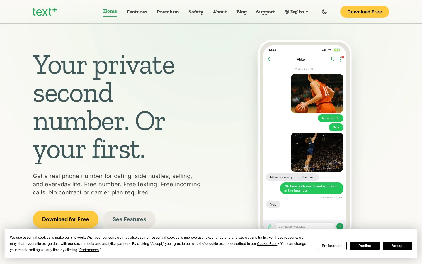 Your Number. Your Rules. | text+ Homepage screenshot