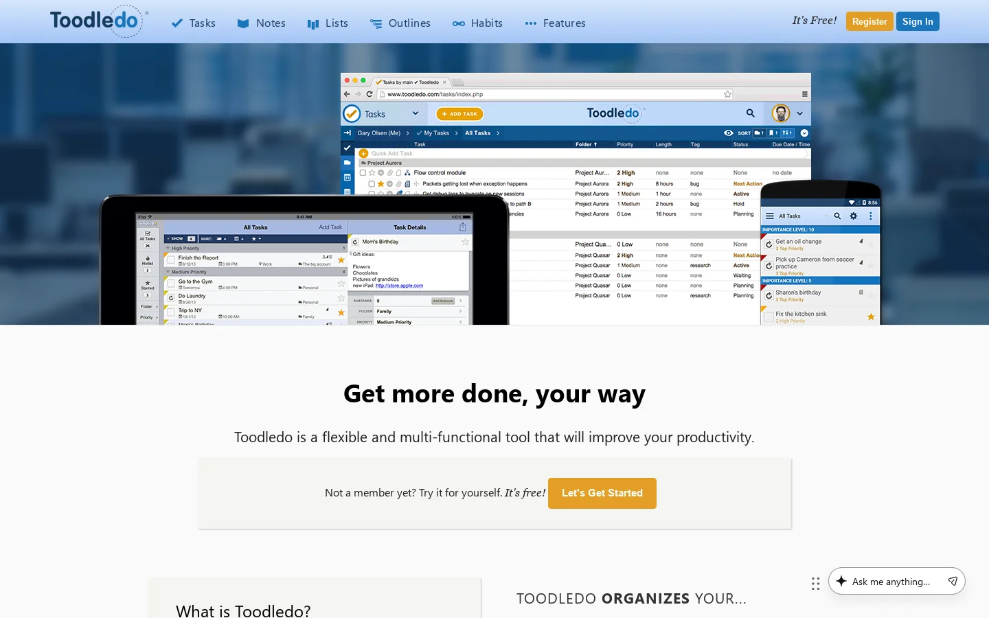 Toodledo Homepage screenshot