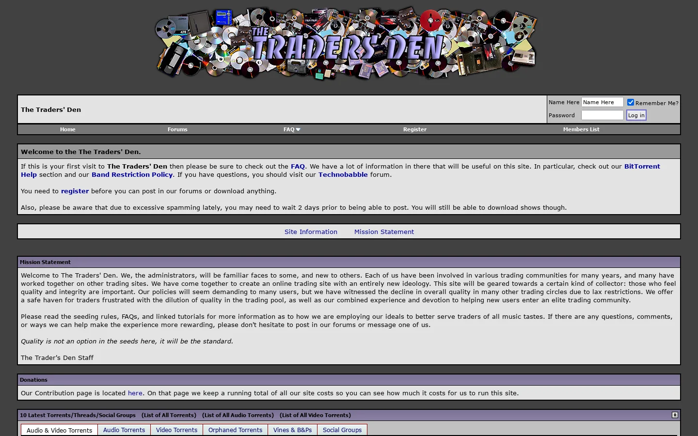 The Traders' Den Homepage screenshot