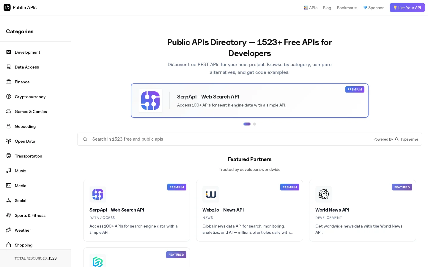 Public APIs Directory Homepage screenshot