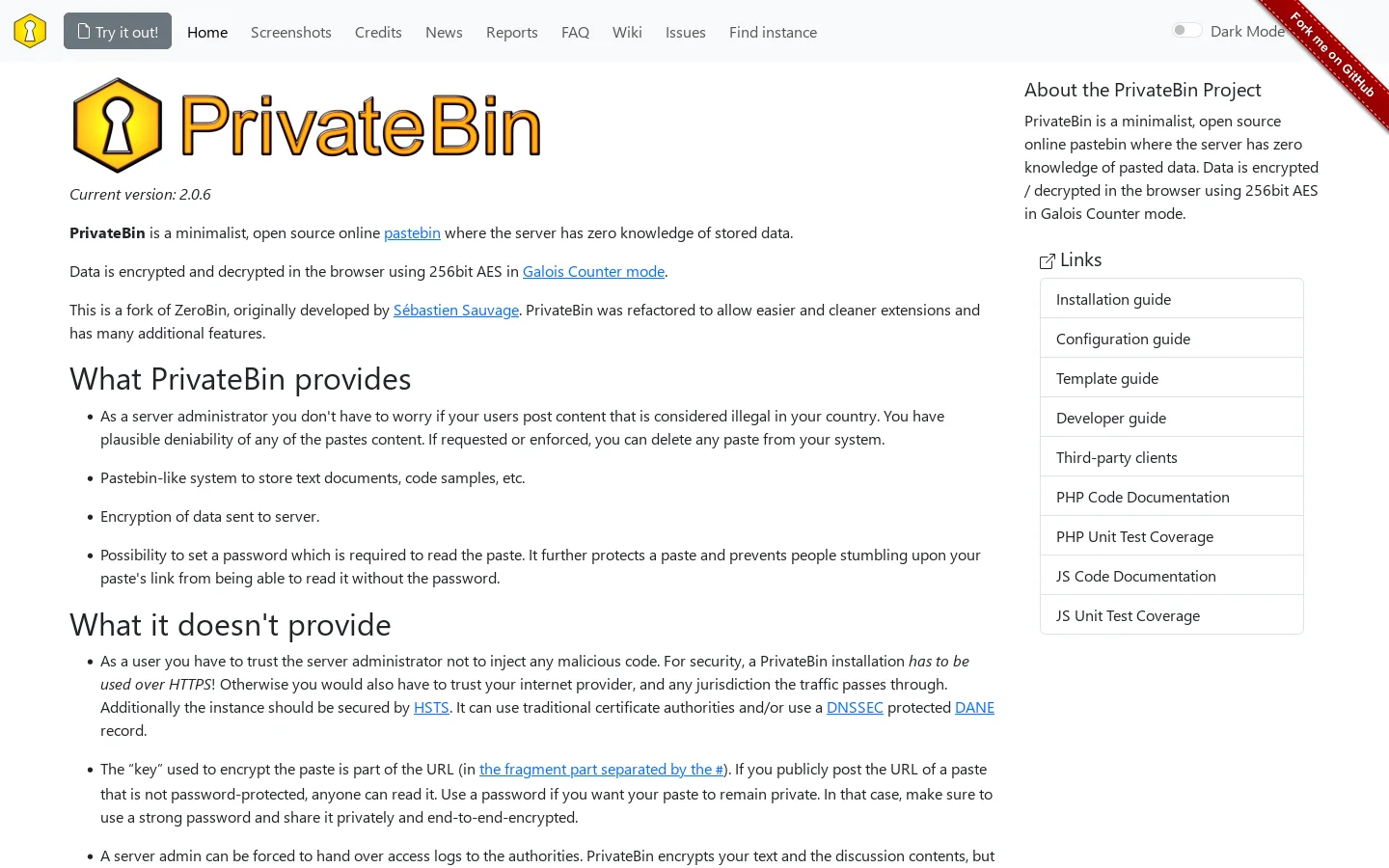 PrivateBin Homepage screenshot