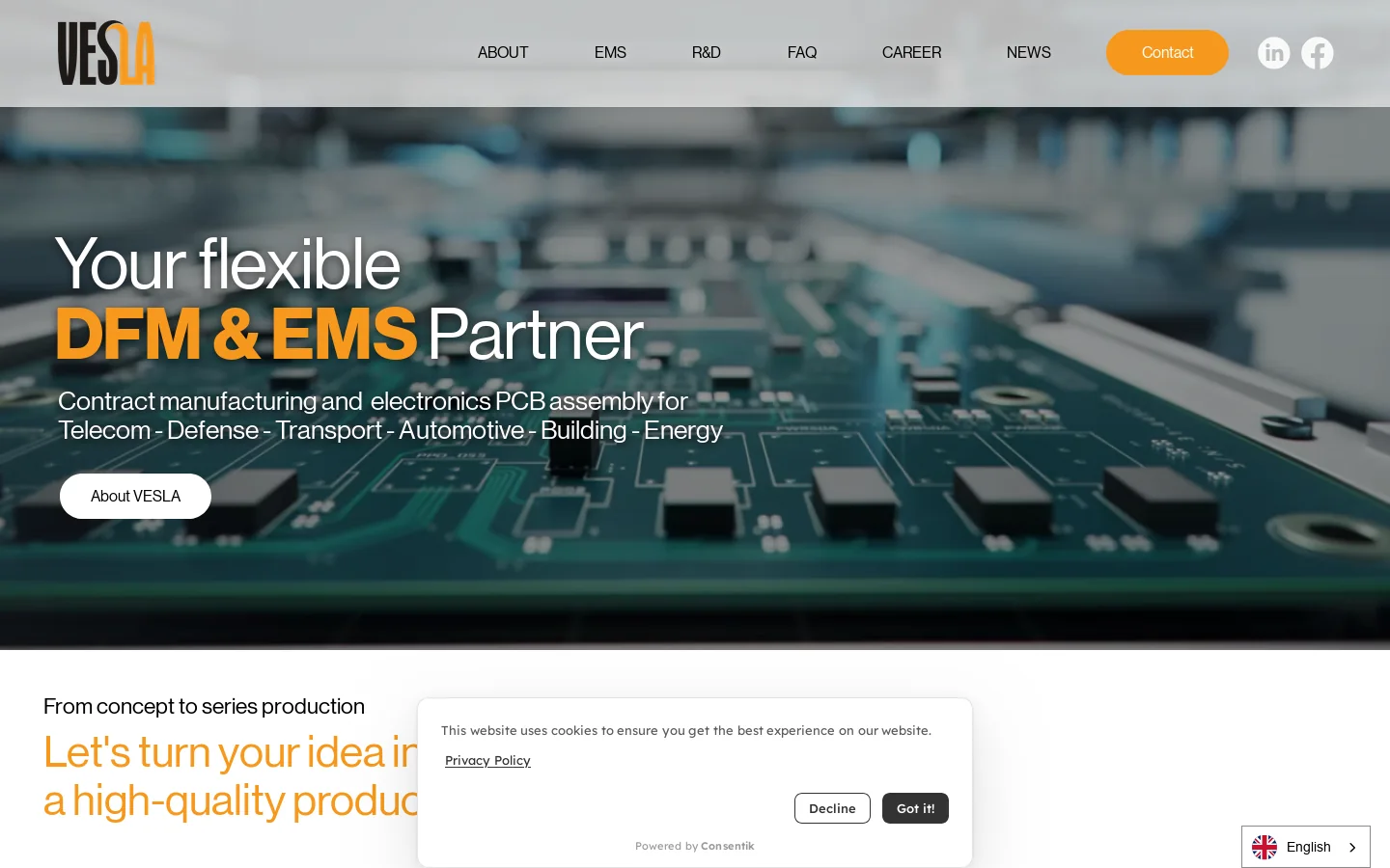 European Electronics Manufacturing and Design for Manufacturing | 100% Quality with VESLA Homepage screenshot
