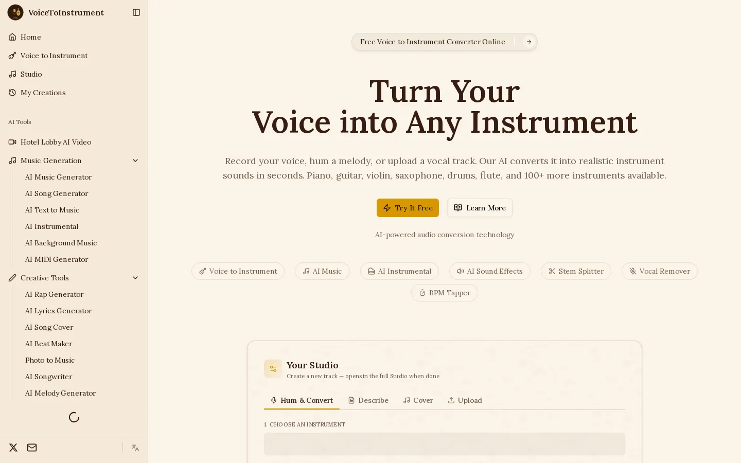 Voice to Instrument Converter Homepage screenshot