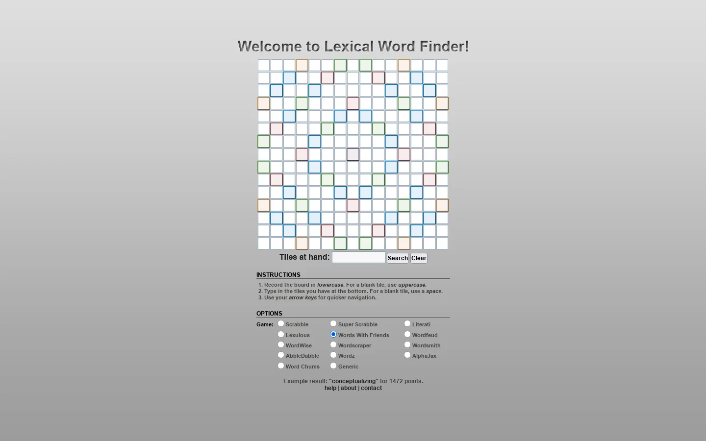 Lexical Word Finder Homepage screenshot