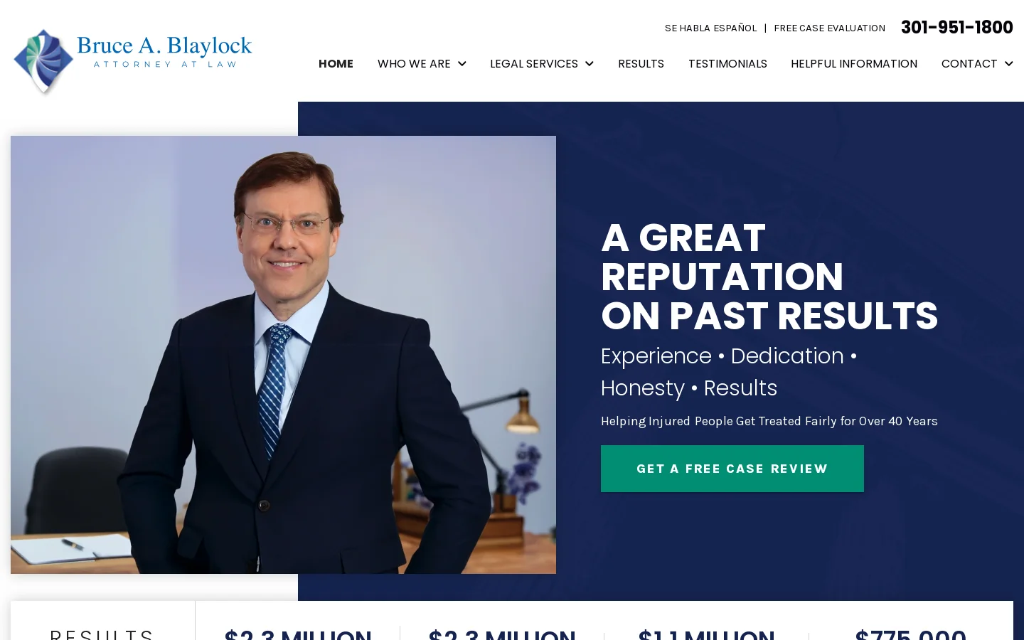 Bethesda Traumatic Injury Attorneys | The Law Offices Of Bruce A. Blaylock, Chtd 301-951-1800. Homepage screenshot
