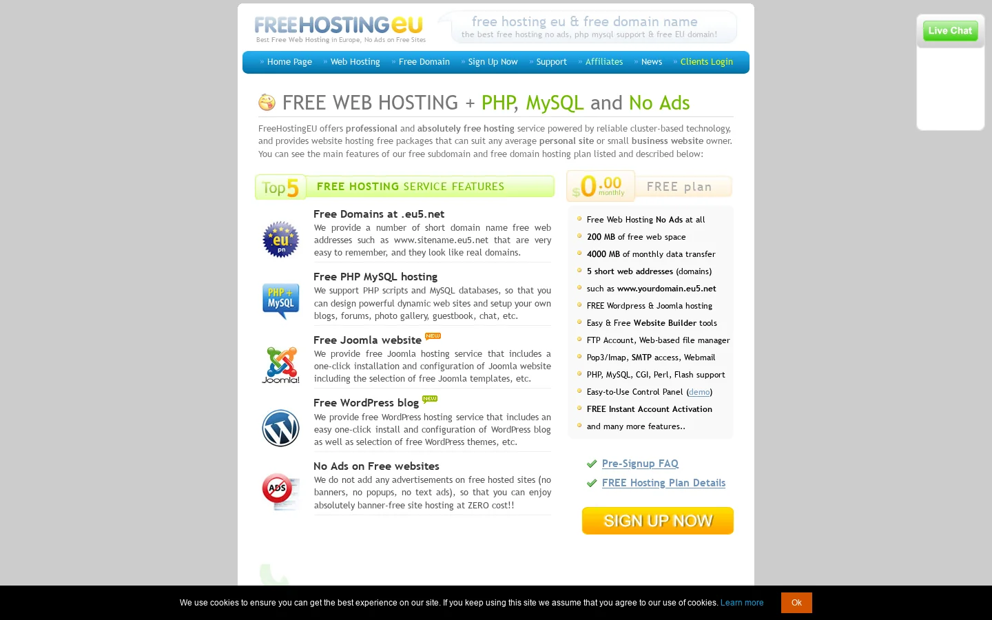 European FREE web hosting, No Ads + FREE domain at .eu5.net Homepage screenshot