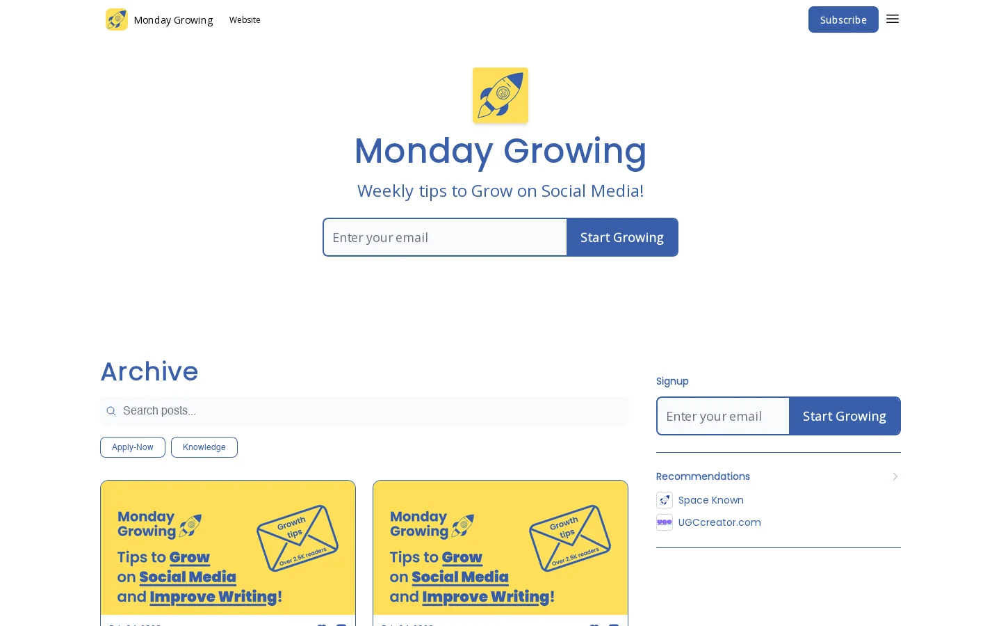 Grow on Social Media | Monday Growing Newsletter Homepage screenshot