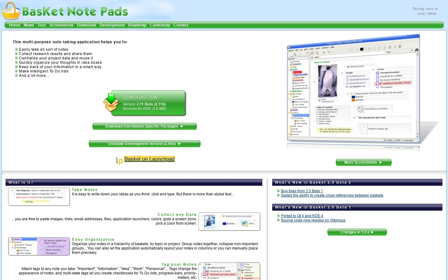 BasKet Note Pads Homepage screenshot