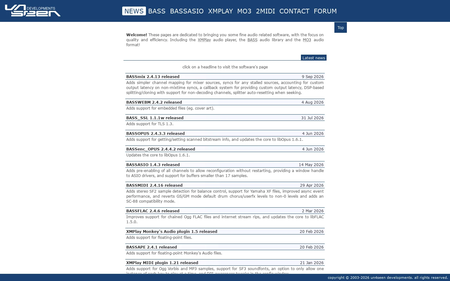 Un4seen Developments Homepage screenshot