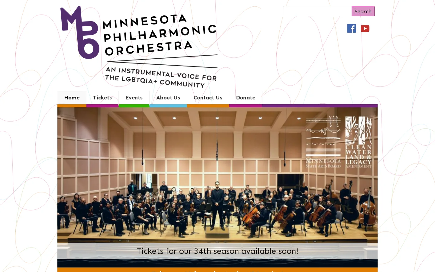 Minnesota Philharmonic Orchestra: an instrumental voice for the GLBTQA community. Homepage screenshot
