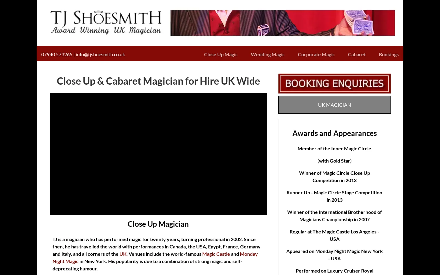 Magician TJ Shoesmith, Award Winning Magic For Hire Homepage screenshot