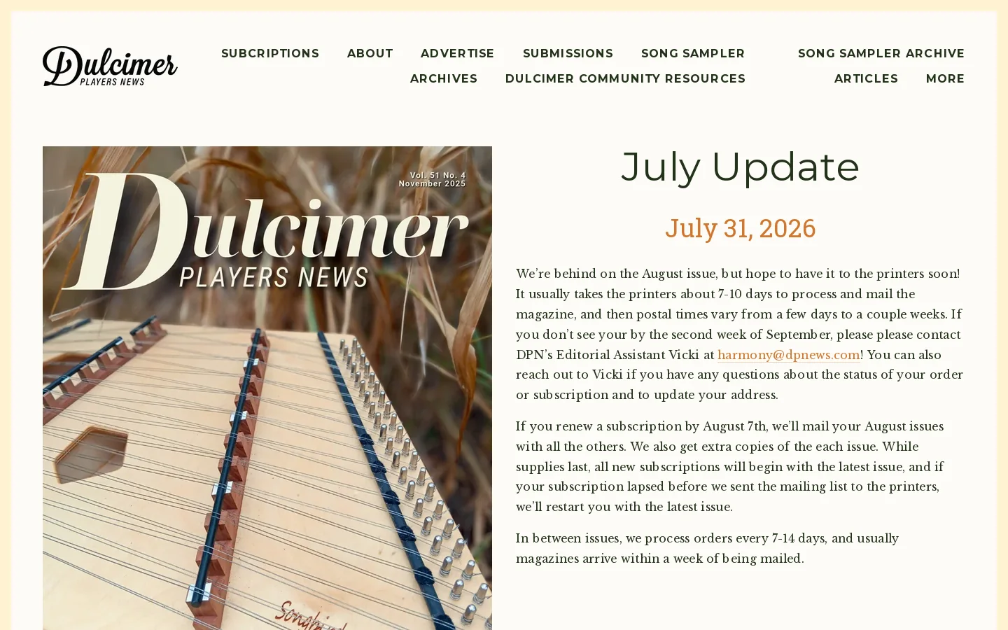 Dulcimer Players News Homepage screenshot