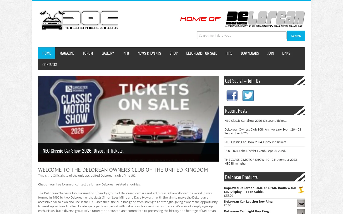 The DeLorean Owners Club UK | The DeLorean Owners Club UK – Offical Home of DeLoreans in the UK. The recognised DeLorean Owners Club of the UK, supporting DeLorean enthusiasts all over the world Homepage screenshot