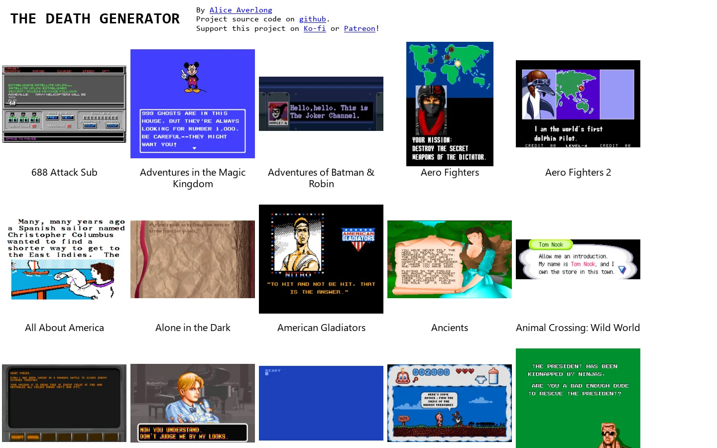 The Death Generator Homepage screenshot