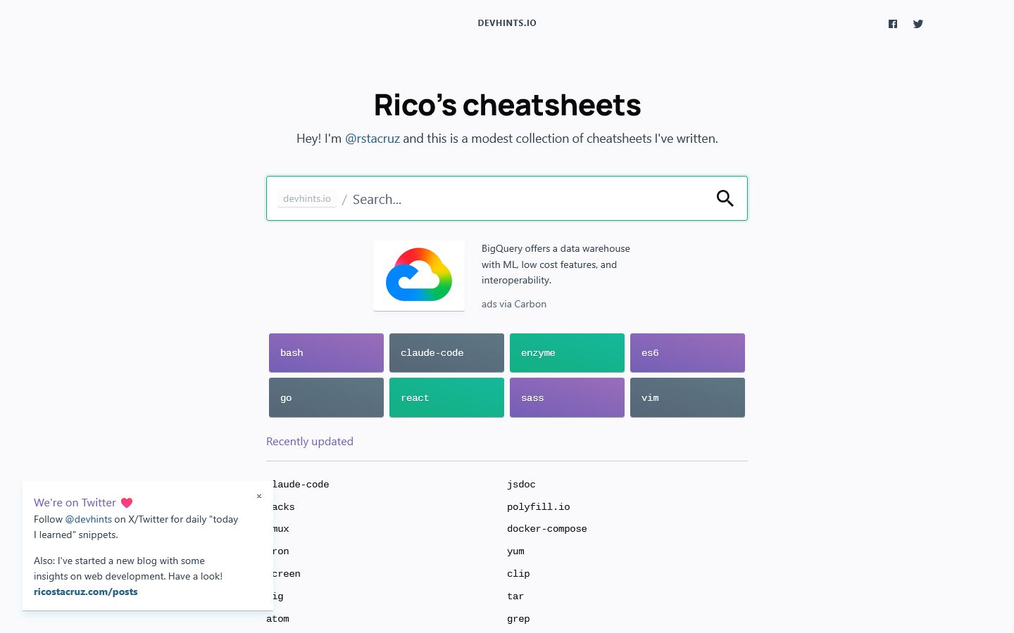 Devhints Homepage screenshot