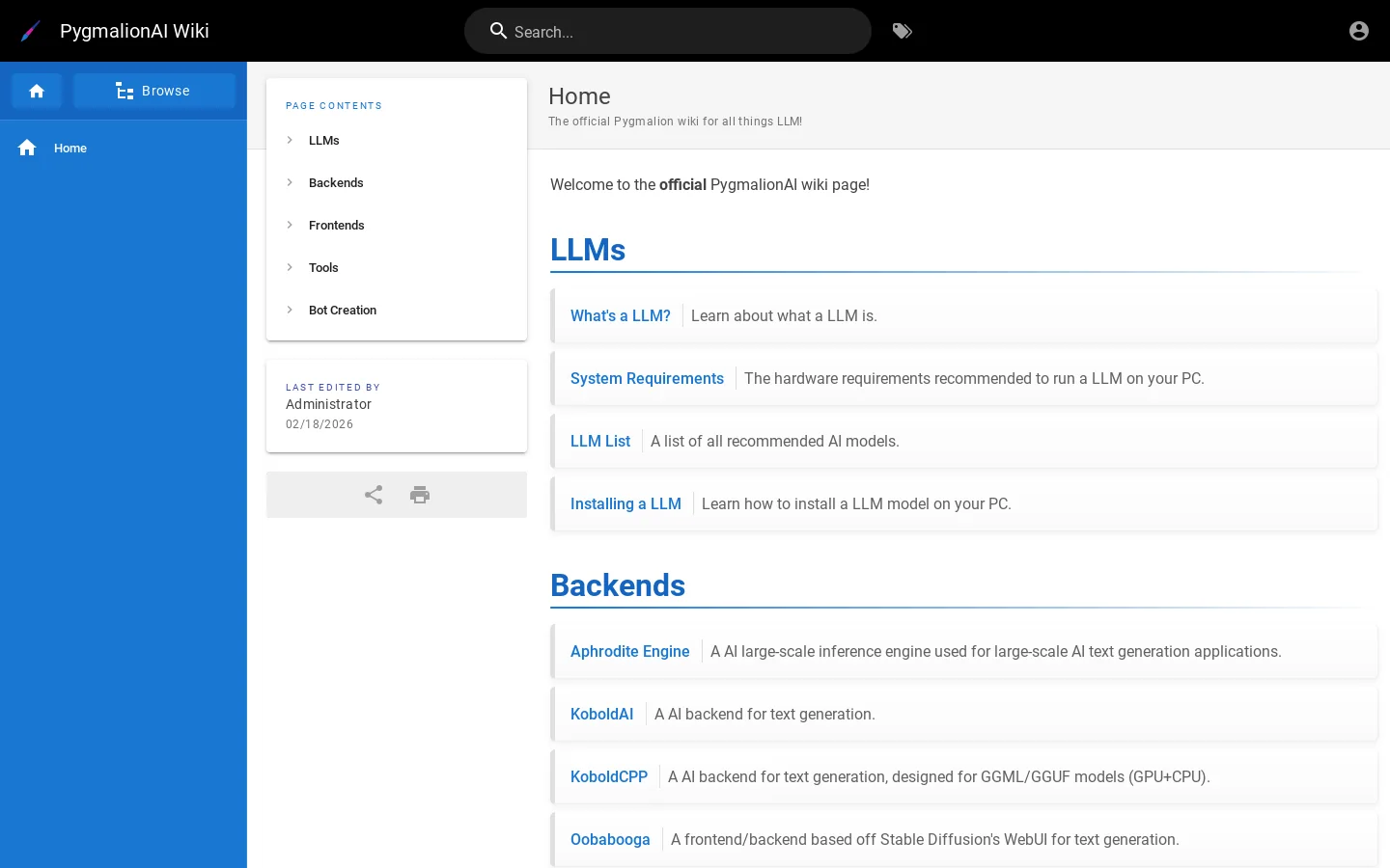 Home | PygmalionAI Wiki Homepage screenshot