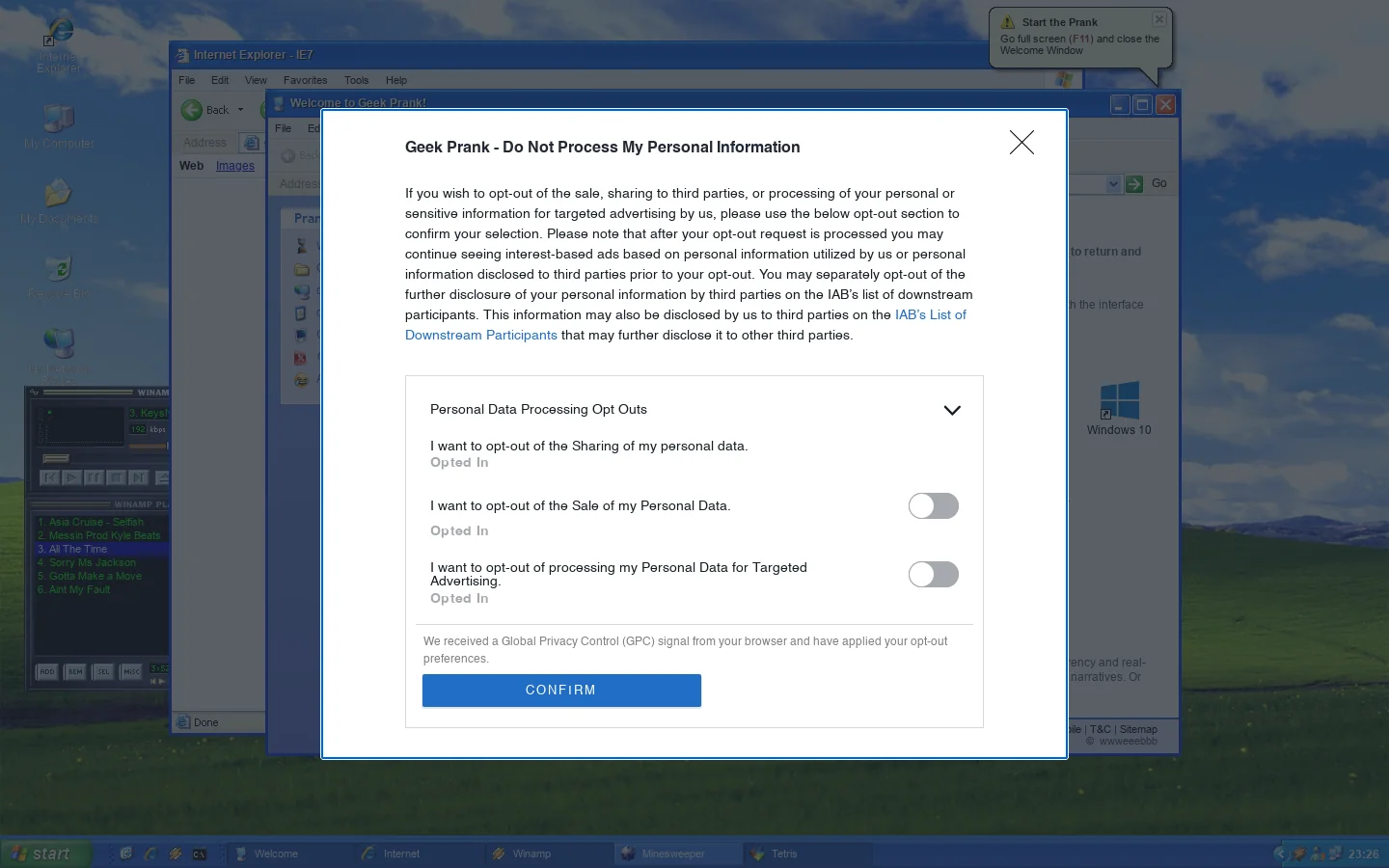 Geek Prank 😈 Windows XP Simulator and Other Online Pranks Homepage screenshot