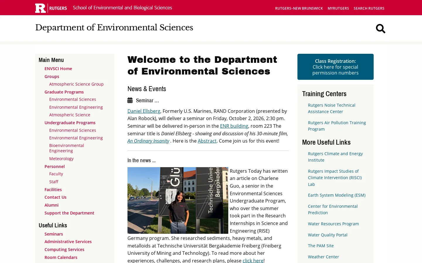 Department of Environmental Sciences at Rutgers SEBS Homepage screenshot